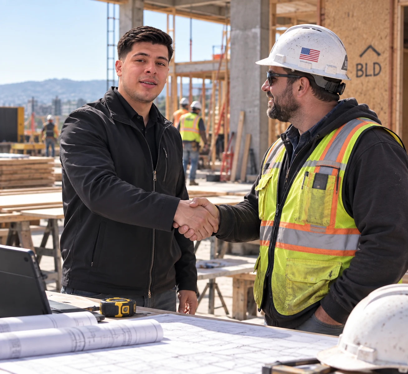 Two people shake hands beside building plans at a construction site.